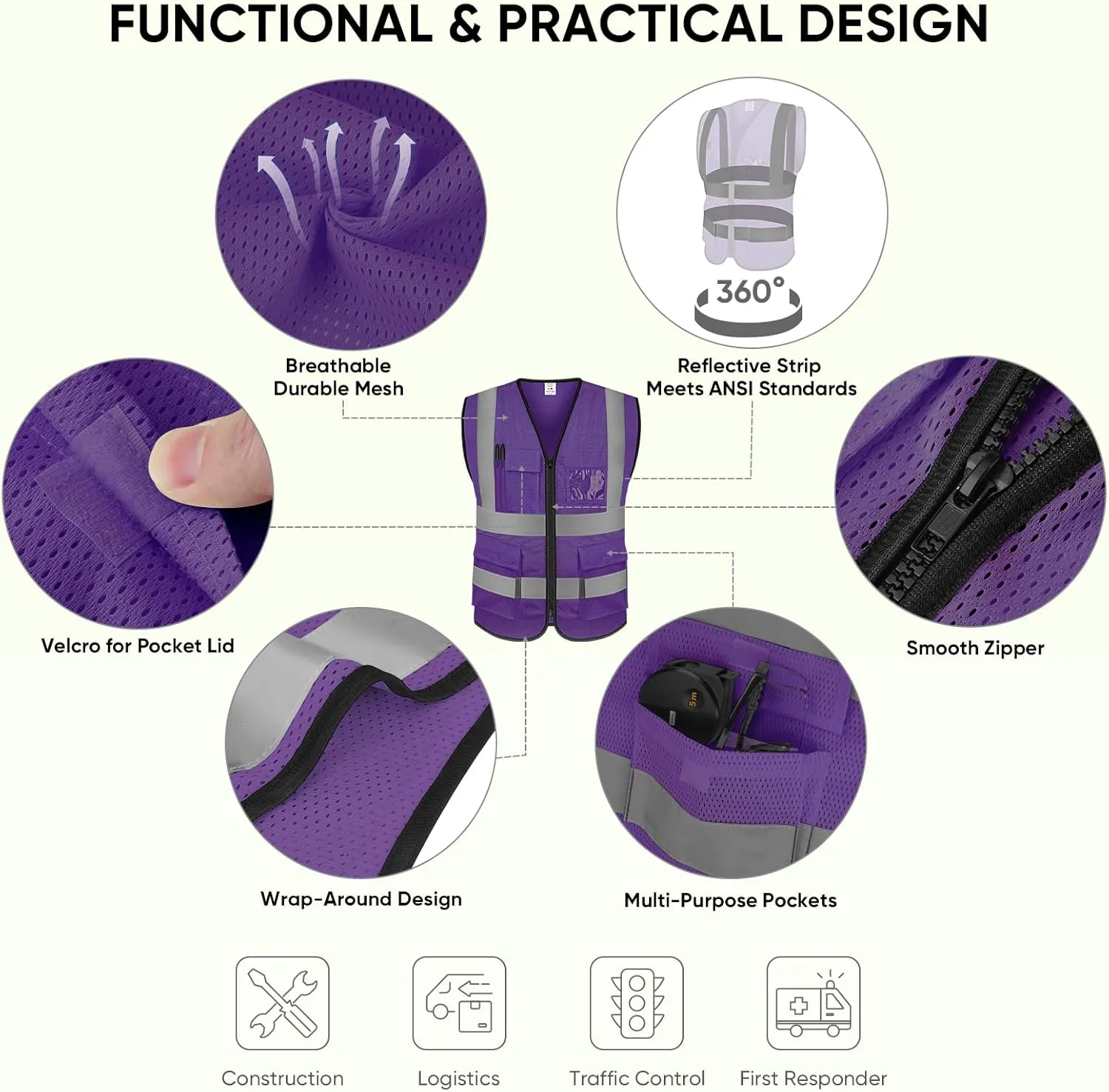 TICONN Reflective Safety Vest High Visibility Class II Mesh Vest for Women & Men Meets ANSI Standards