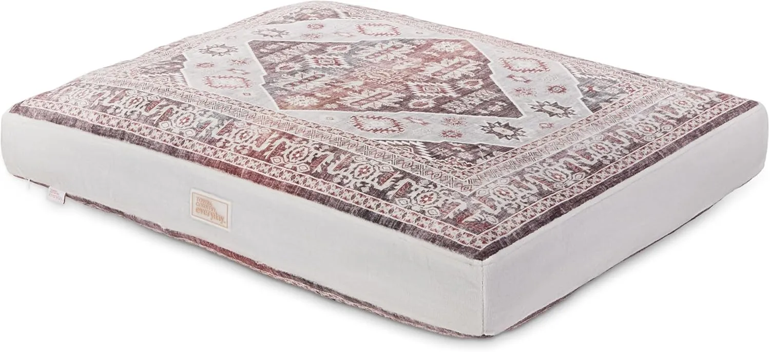 TOWN & COUNTRY EVERYDAY CuddleTown Medallion Everwash Pillow Pet Bed, Water Repellent Floor Pillow, Machine Washable Cover, Soft & Calming, Red/Greige, Small 28"x22"x4"
