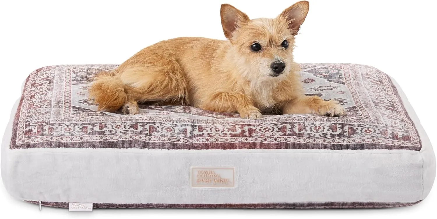 TOWN & COUNTRY EVERYDAY CuddleTown Medallion Everwash Pillow Pet Bed, Water Repellent Floor Pillow, Machine Washable Cover, Soft & Calming, Red/Greige, Small 28"x22"x4"