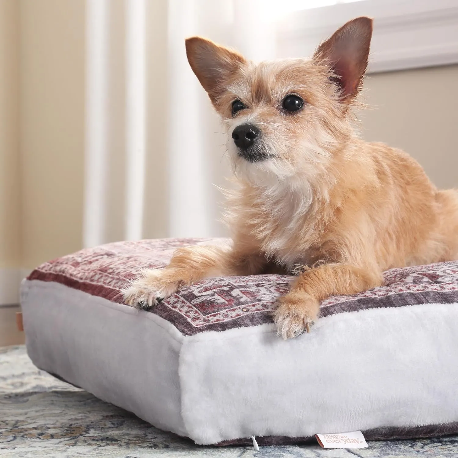 TOWN & COUNTRY EVERYDAY CuddleTown Medallion Everwash Pillow Pet Bed, Water Repellent Floor Pillow, Machine Washable Cover, Soft & Calming, Red/Greige, Small 28"x22"x4"