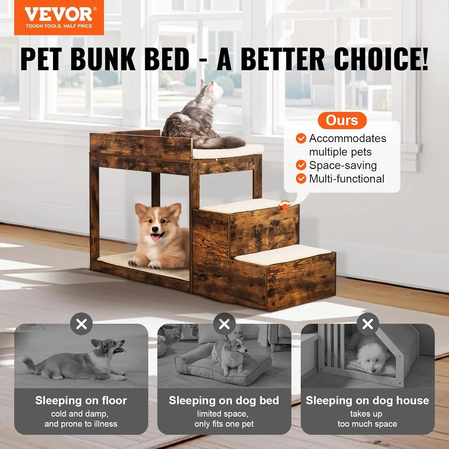 VEVOR Pet Bunk Bed with Stairs, Dog/Cat Window Perch for High Beds and Couches, Medium Multi-Level 3 Step Dog Seat Platform Sleeper Couch, Practical for Modern Homes (Rustic Brown)