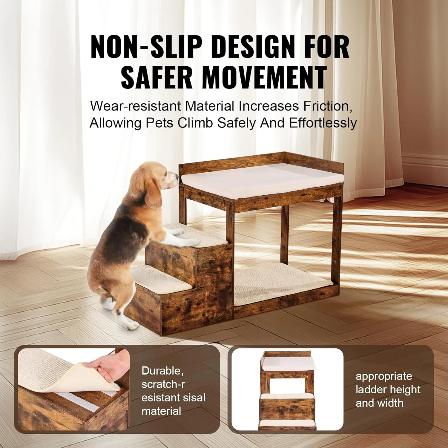 VEVOR Pet Bunk Bed with Stairs, Dog/Cat Window Perch for High Beds and Couches, Medium Multi-Level 3 Step Dog Seat Platform Sleeper Couch, Practical for Modern Homes (Rustic Brown)