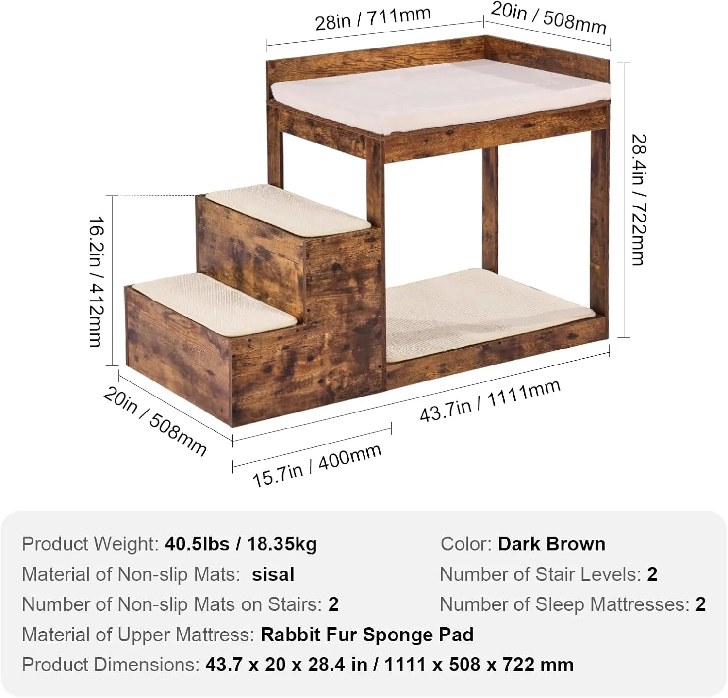 VEVOR Pet Bunk Bed with Stairs, Dog/Cat Window Perch for High Beds and Couches, Medium Multi-Level 3 Step Dog Seat Platform Sleeper Couch, Practical for Modern Homes (Rustic Brown)