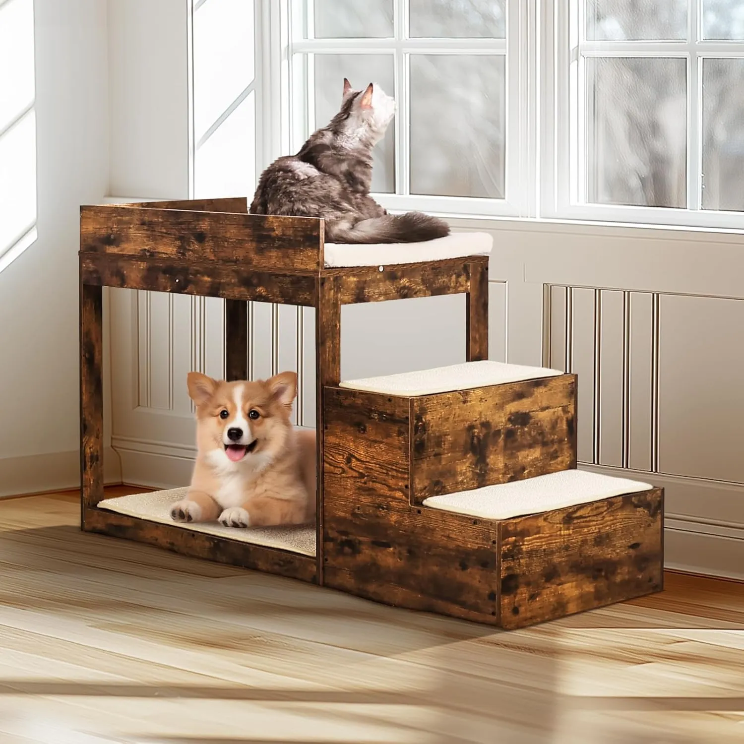 VEVOR Pet Bunk Bed with Stairs, Dog/Cat Window Perch for High Beds and Couches, Medium Multi-Level 3 Step Dog Seat Platform Sleeper Couch, Practical for Modern Homes (Rustic Brown)
