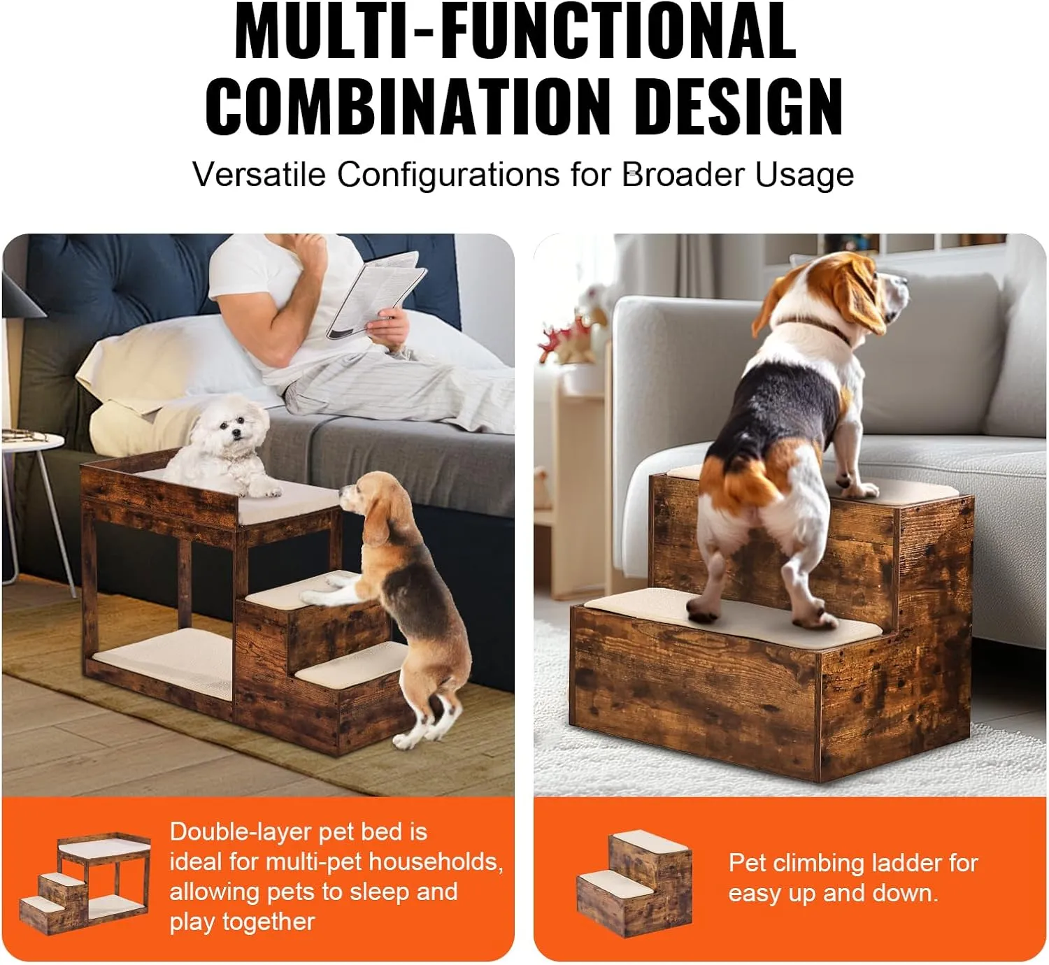 VEVOR Pet Bunk Bed with Stairs, Dog/Cat Window Perch for High Beds and Couches, Medium Multi-Level 3 Step Dog Seat Platform Sleeper Couch, Practical for Modern Homes (Rustic Brown)