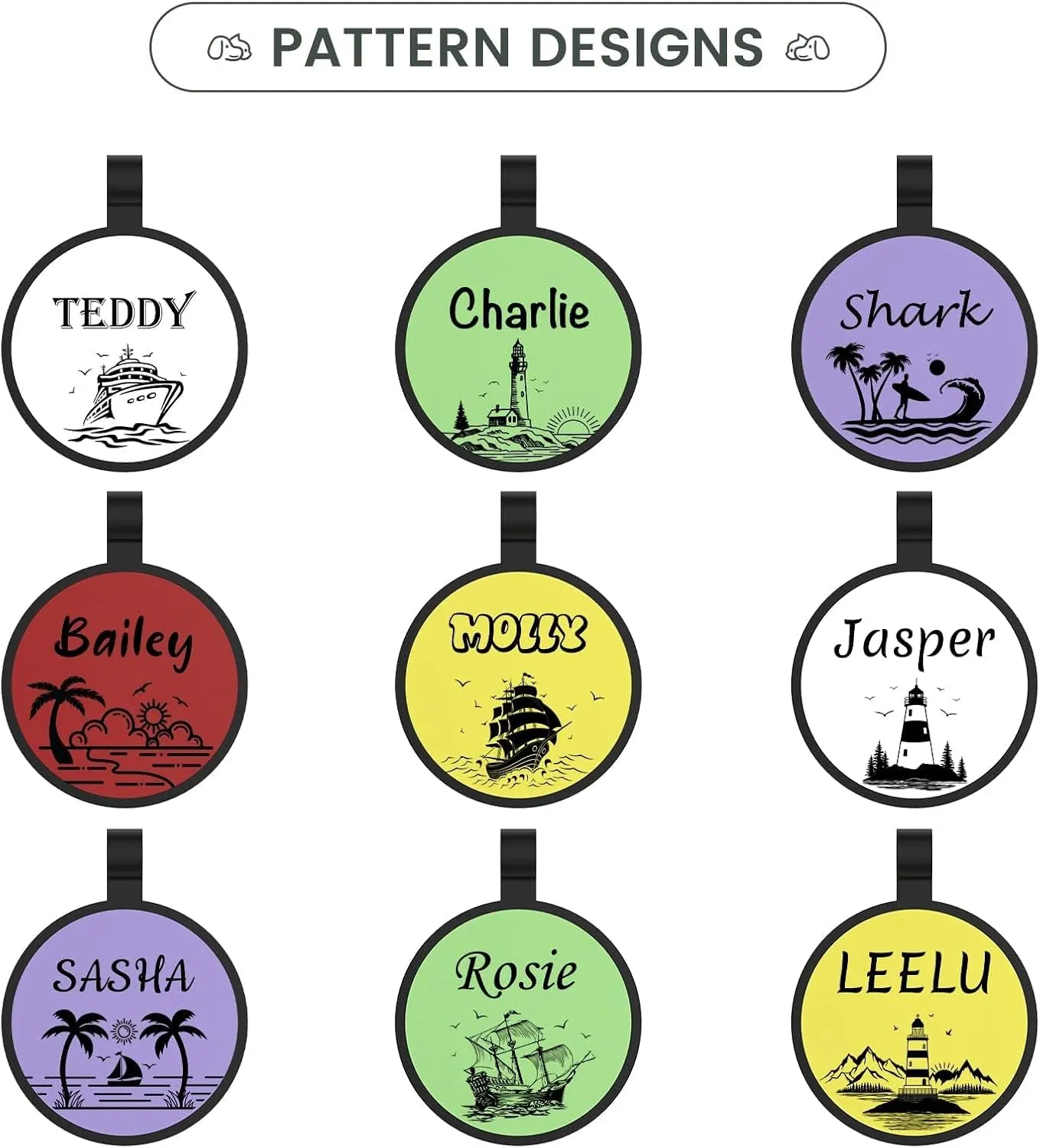 YEHANTI Silicone Dog Tag Engraved for Pets, Silent and Lightweight, Waterproof Personalized ID for Puppy and Kitten, Custom With Seaside Pattern Designs, Round