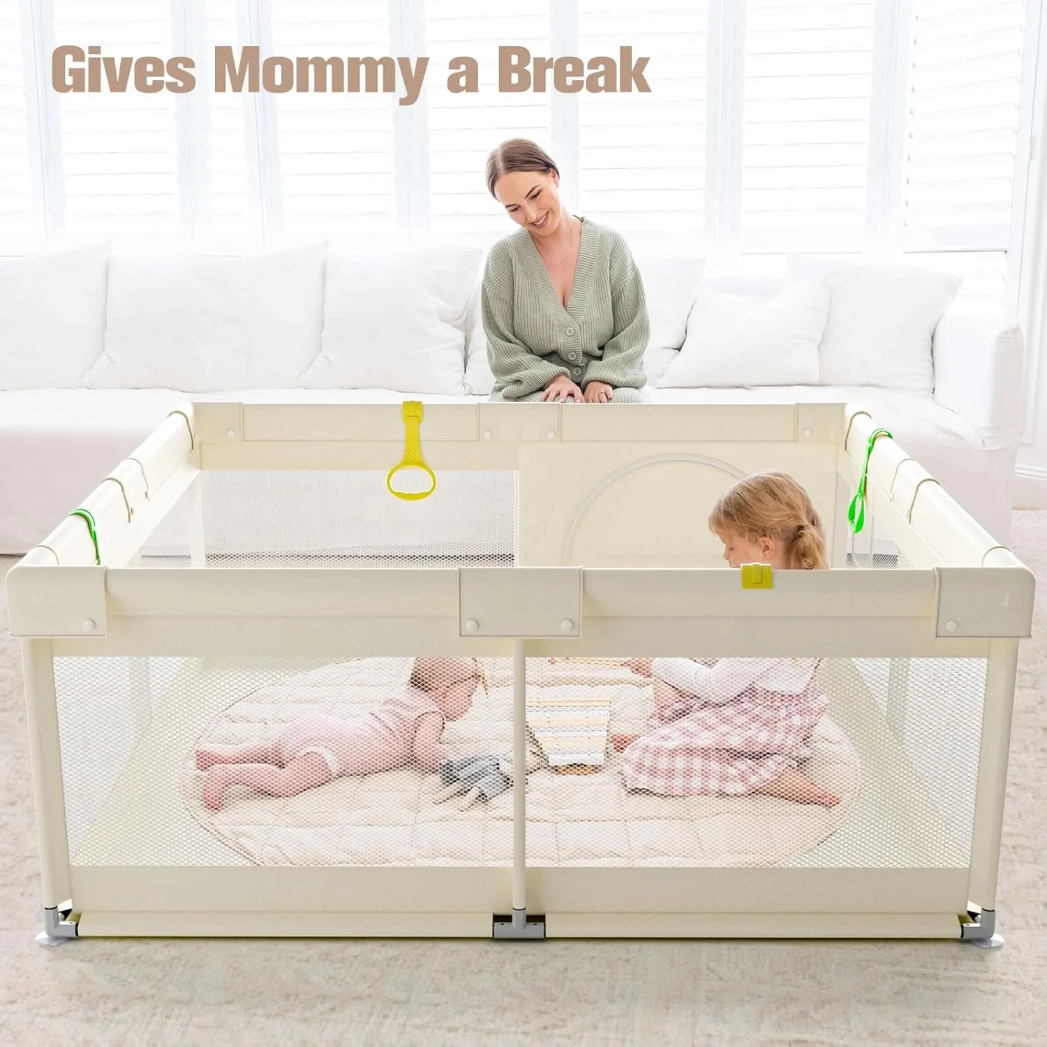 ZEEBABA Beige Baby Playpen 59x59 in, Playpen for Babies and Toddlers, Play Pen for Kids, Play Yard for Infants with Gate (Without mat)