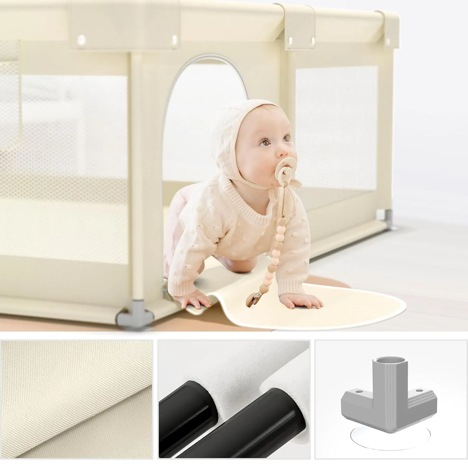 ZEEBABA Beige Baby Playpen 59x59 in, Playpen for Babies and Toddlers, Play Pen for Kids, Play Yard for Infants with Gate (Without mat)
