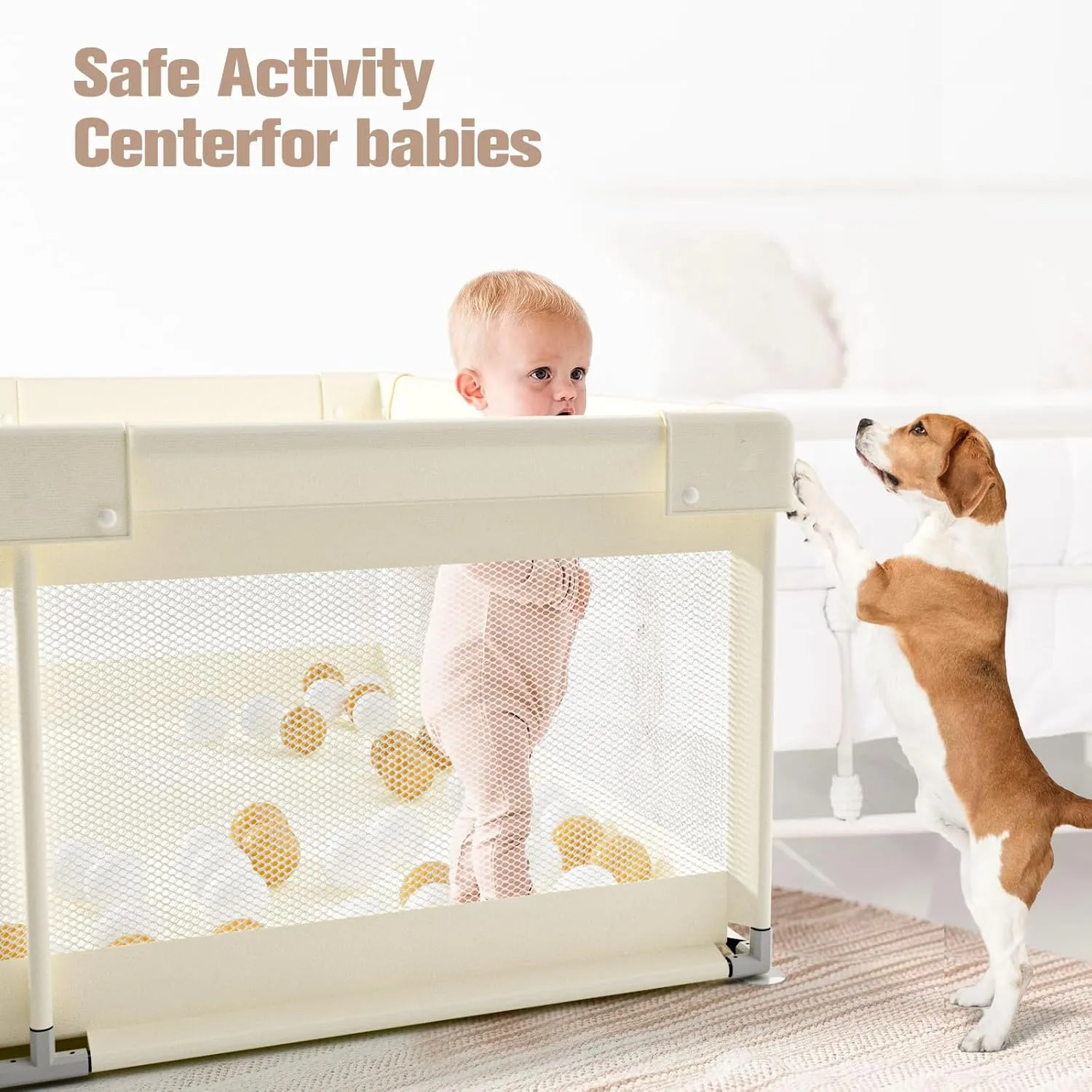 ZEEBABA Beige Baby Playpen 59x59 in, Playpen for Babies and Toddlers, Play Pen for Kids, Play Yard for Infants with Gate (Without mat)