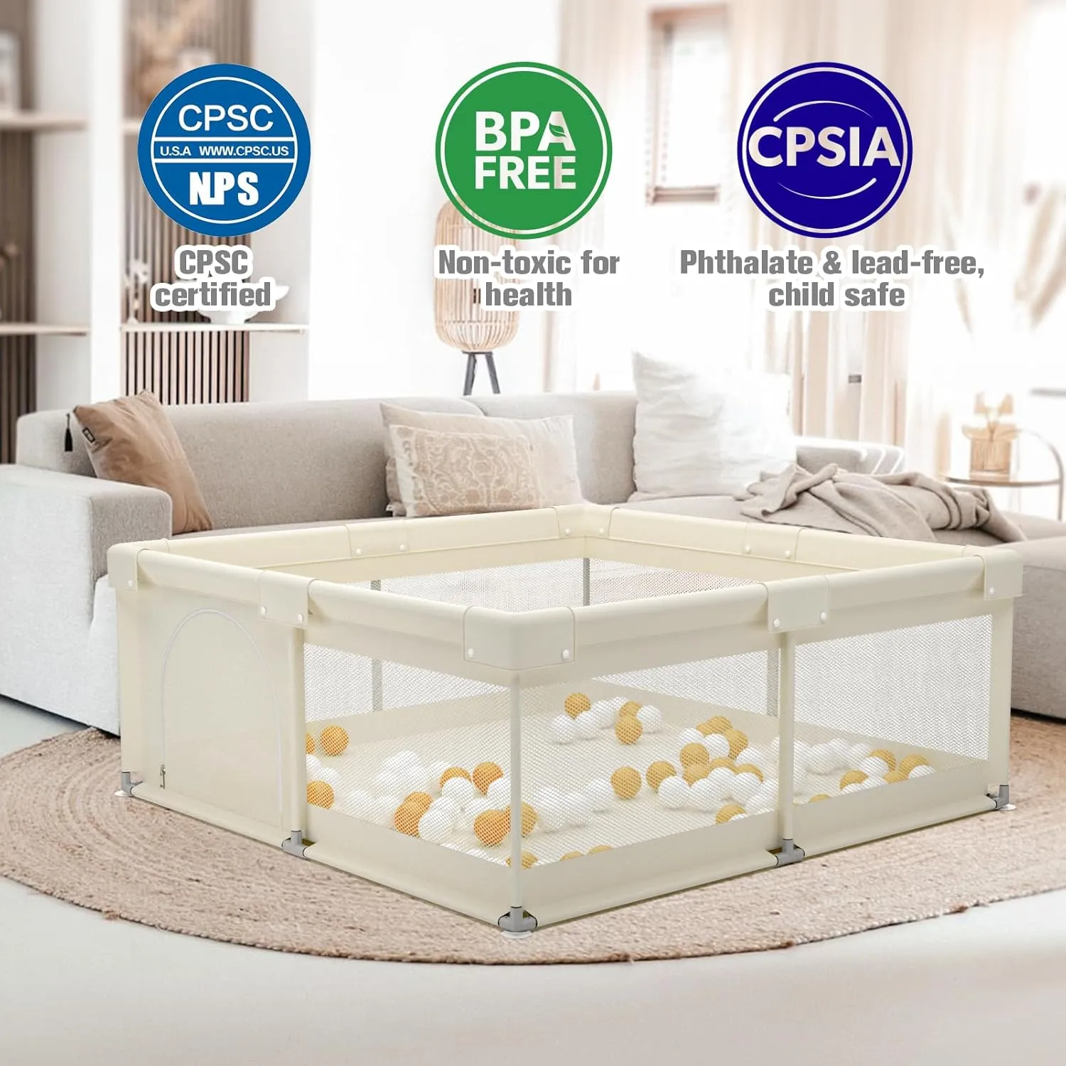 ZEEBABA Beige Baby Playpen 59x59 in, Playpen for Babies and Toddlers, Play Pen for Kids, Play Yard for Infants with Gate (Without mat)